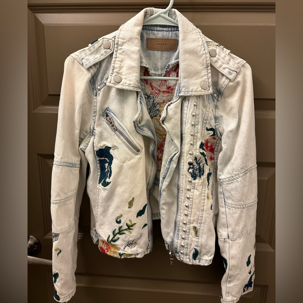 BLANKNYC Floral Embroidered Studded Moto Denim Jacket